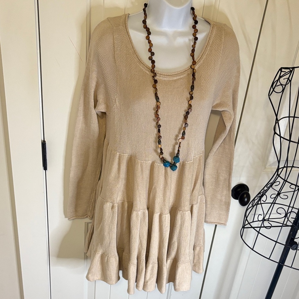 Beige Long Sleeve Free People Tiered Tunic - Picture 2 of 7